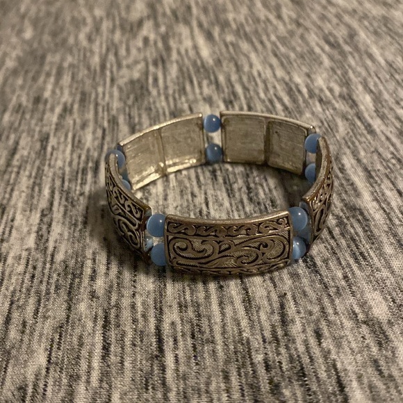Vintage Silver-Tone Scroll Design Stretch Bangle with Blue Cats-Eye Beads - Picture 4 of 11